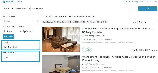 Pencarian Apartemen di Properti1 Full Furnished